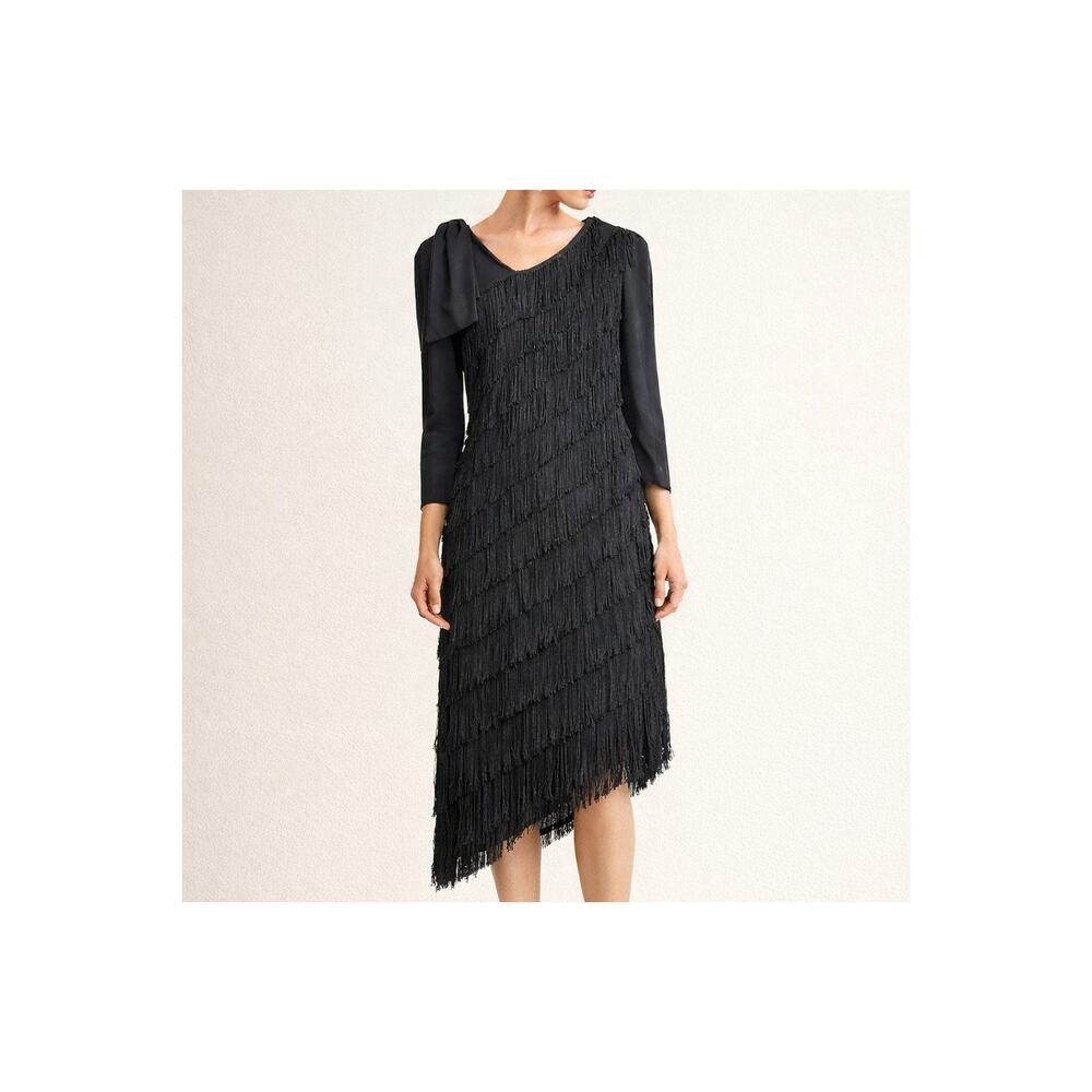 Vintage 70's 80's Black Fringe Asymmetrical Maxi Dress M/L Cocktail Avante Garde